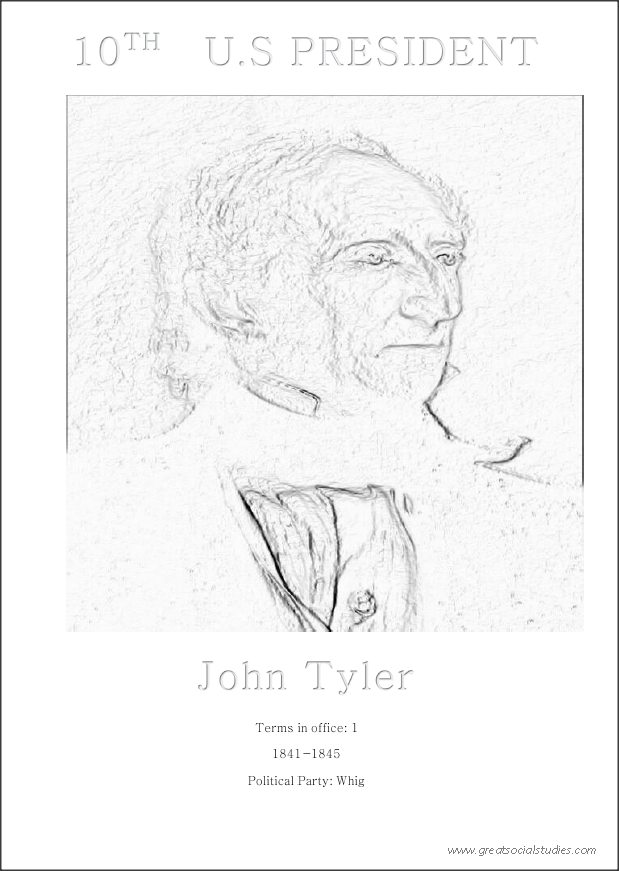 10th US president, John Tyler, free printable coloring sheet