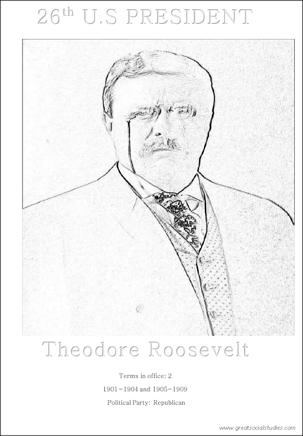 26th US president, Theodore Roosevelt, free color sheet