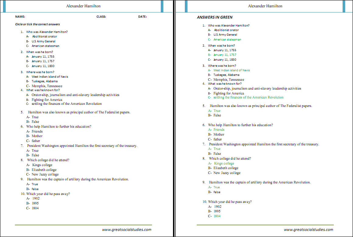 Free worksheets on Alexander Hamilton