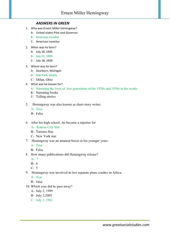 Biography of Ernest Hemingway, Ernest Hemingway, preschool printable worksheets