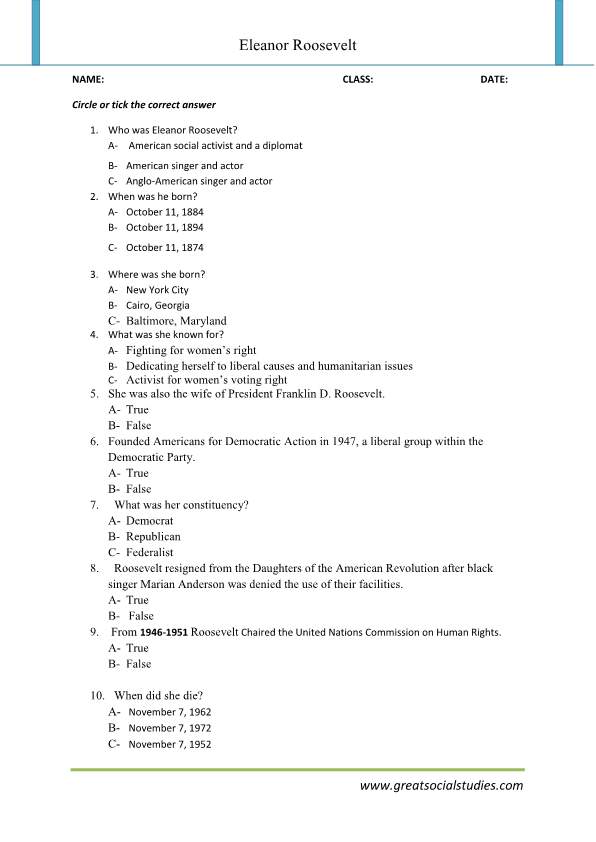 Eleanor Roosevelt interesting facts, Eleanor Roosevelt, work sheets