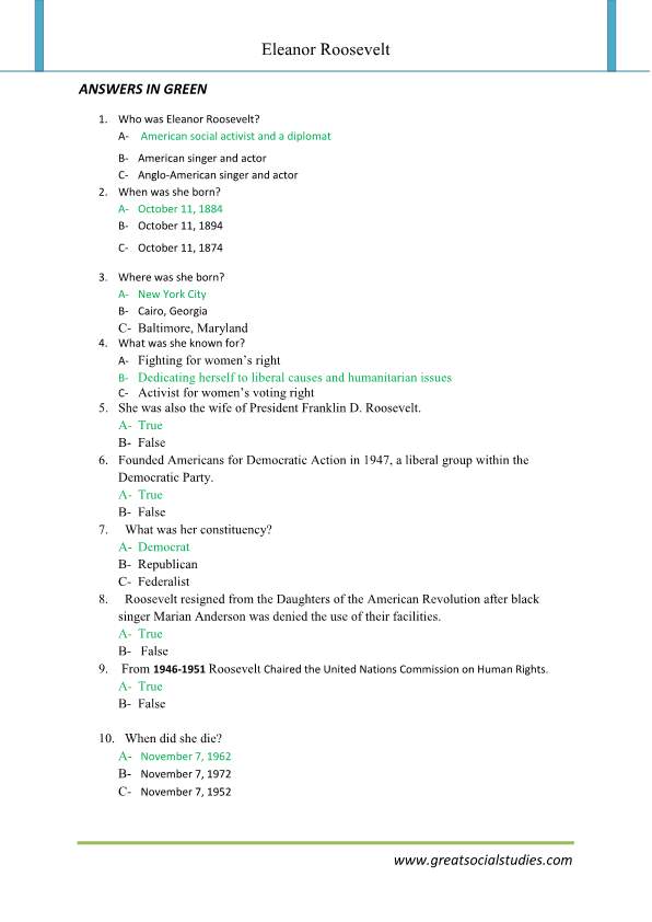 Eleanor Roosevelt interesting facts, Eleanor Roosevelt, work sheets