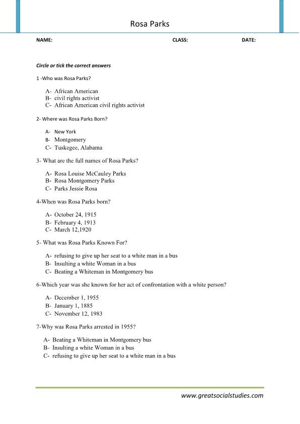 Rosa parks facts, 3rd grade worksheets, Rosa parks early life