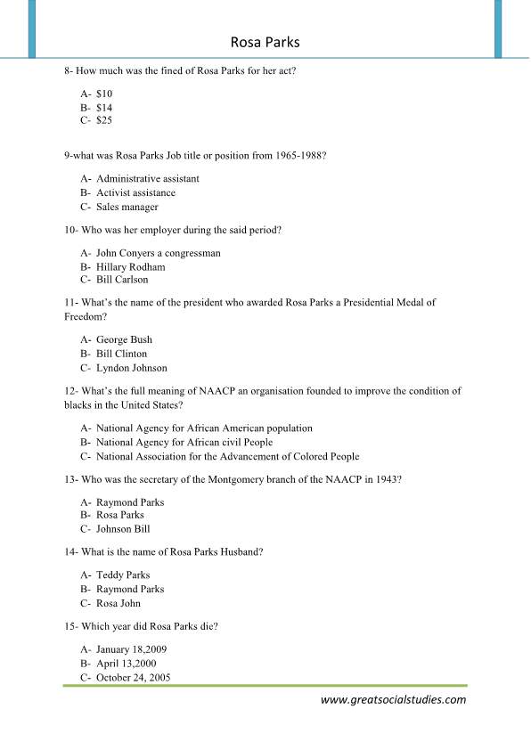 Rosa parks facts, 3rd grade worksheets, Rosa parks early life