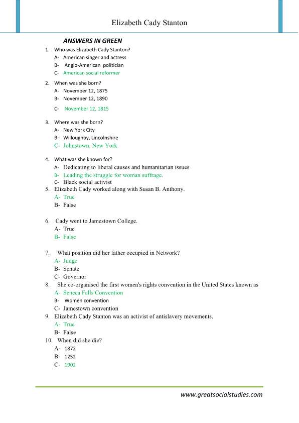 facts about elizabeth cady Stanton, free worksheets, womans rights