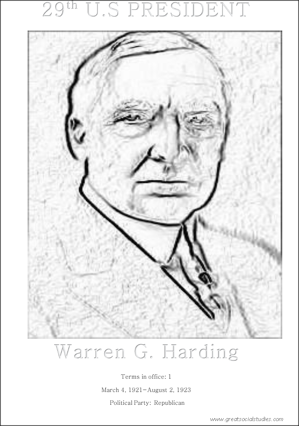 29th US president, Warren G. Harding, printable color sheets