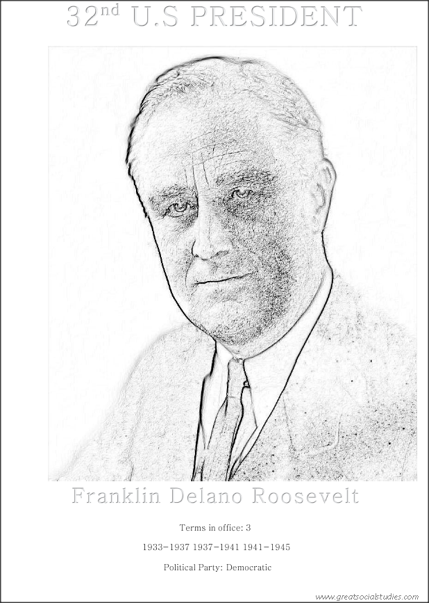 32nd US president, Franklin Delano Roosevelt, preschool coloring sheet