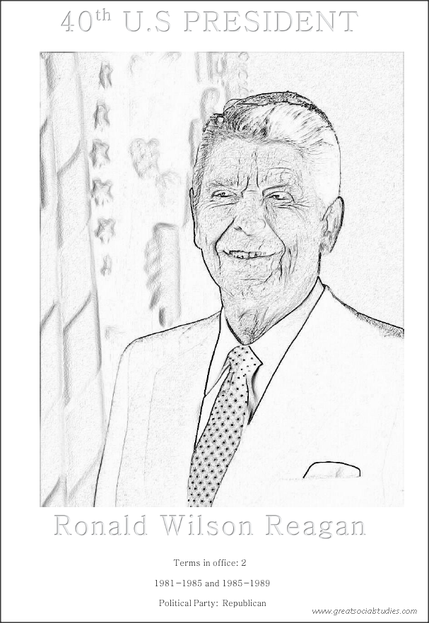 40th US President, Ronald Wilson Reagan, free activity coloring sheet