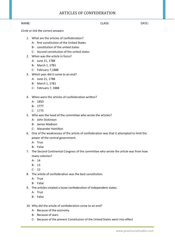 Articles of the confederation summary, articles of confederation worksheet,Articles of confederation facts