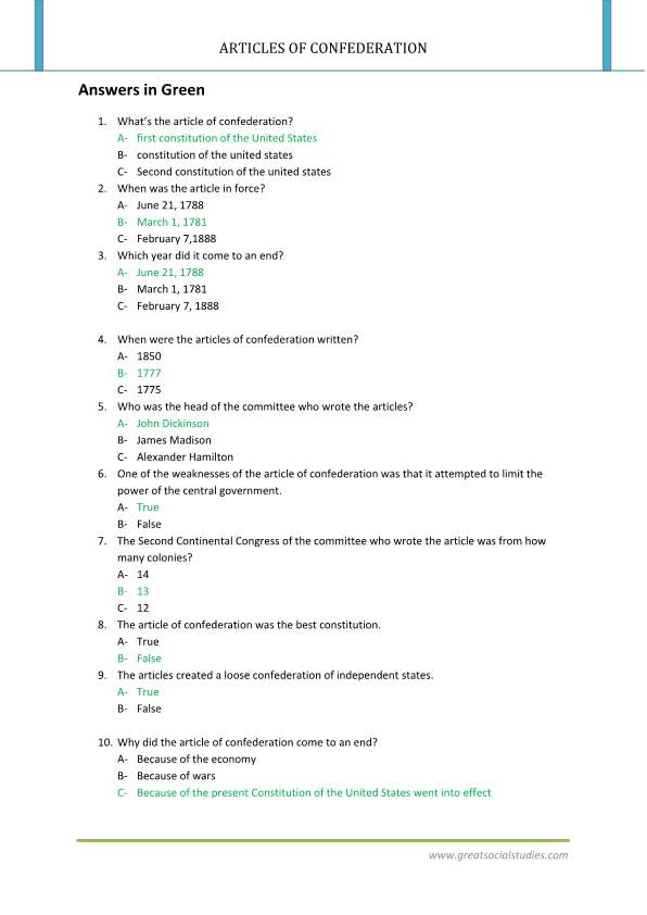 Articles of the confederation summary, articles of confederation worksheet,Articles of confederation facts