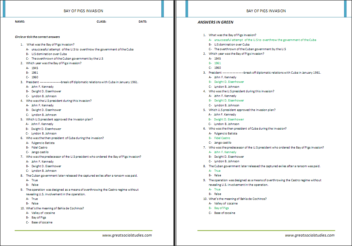 Worksheet for kids on bay of pigs invasion