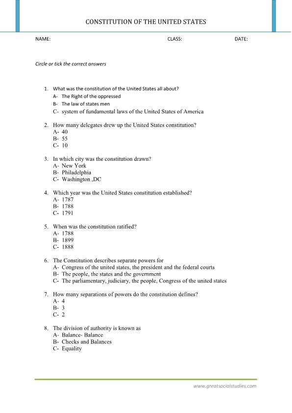 Constitution of the United States of America, work sheet, constitution of the United States summary