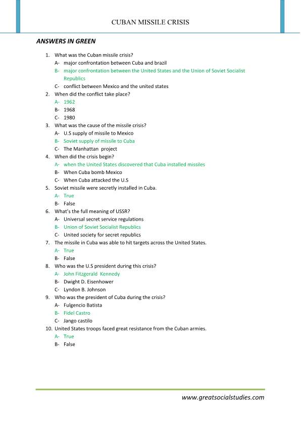 Cuban missile crisis, the Cuban war, student worksheets