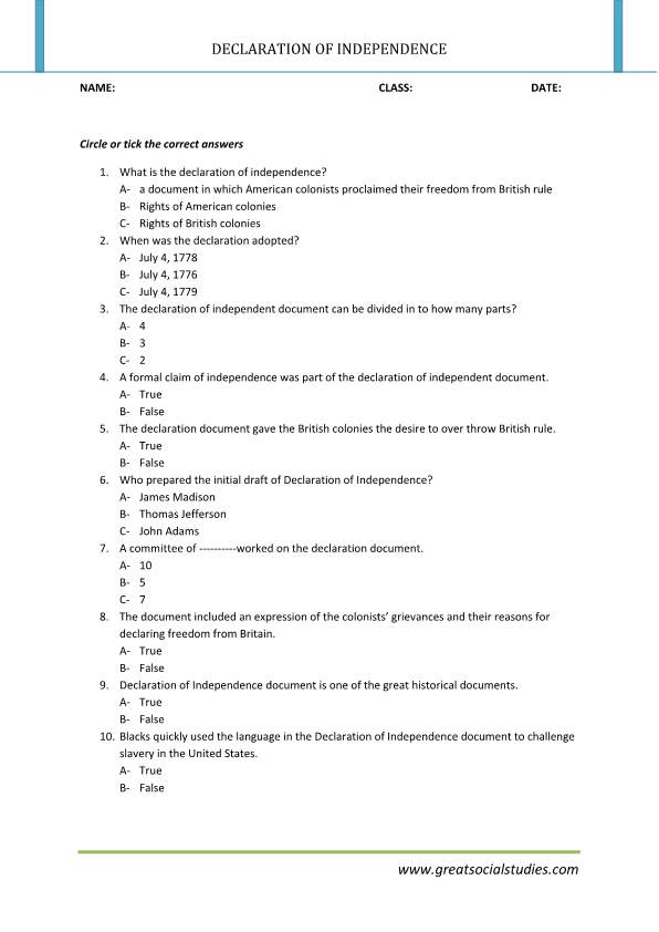 Declaration of independence summary, declaration of independence facts, work sheet