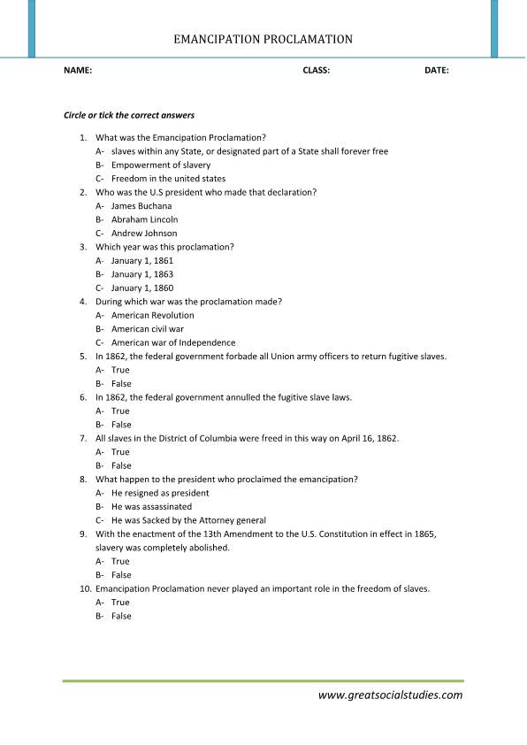 Emancipation proclamation facts, emancipation proclamation summary, work sheet
