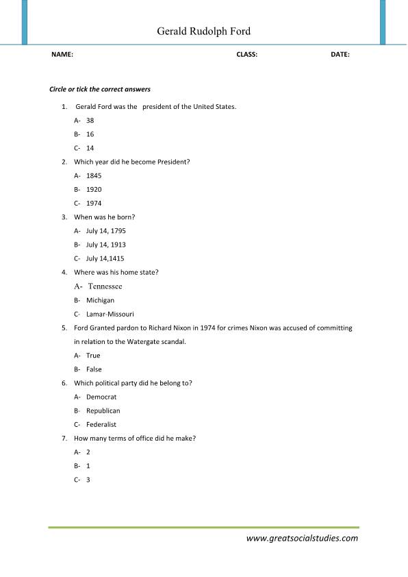Gerald r ford, work sheet, preschool worksheet