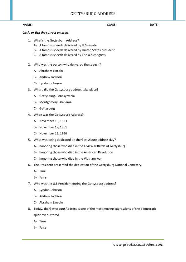 Gettysburg address speech, Gettysburg address summary, work sheet
