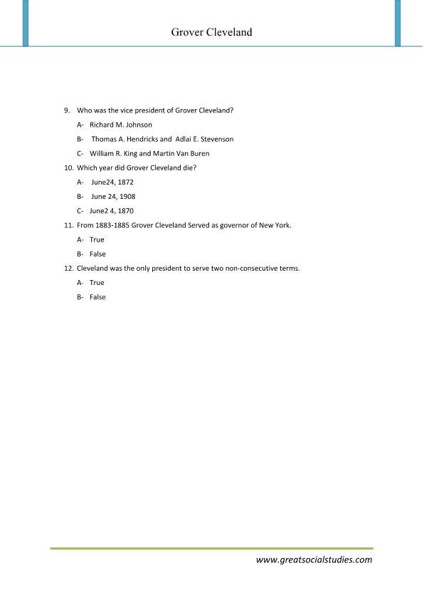Grover Cleveland facts, super teacher worksheets, work sheet