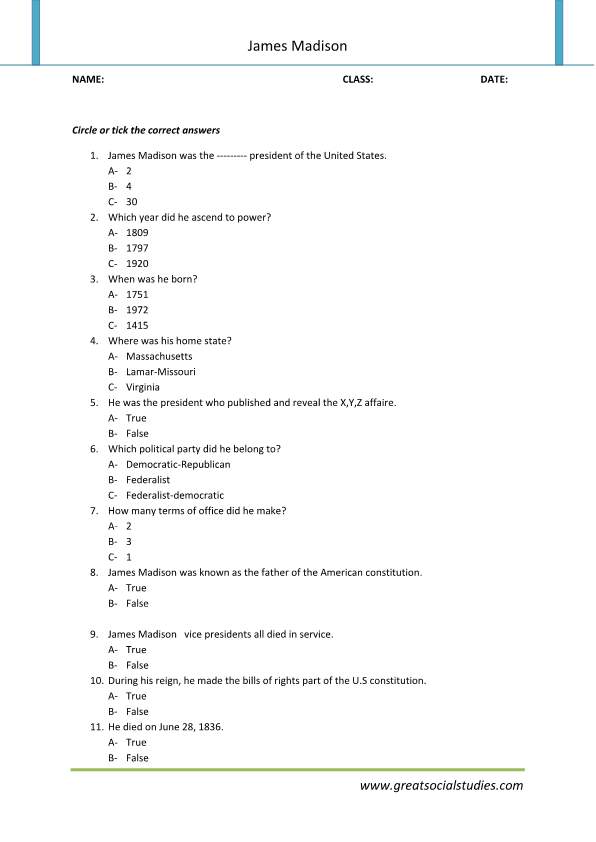 James Madison facts, facts about James Madison, Worksheets