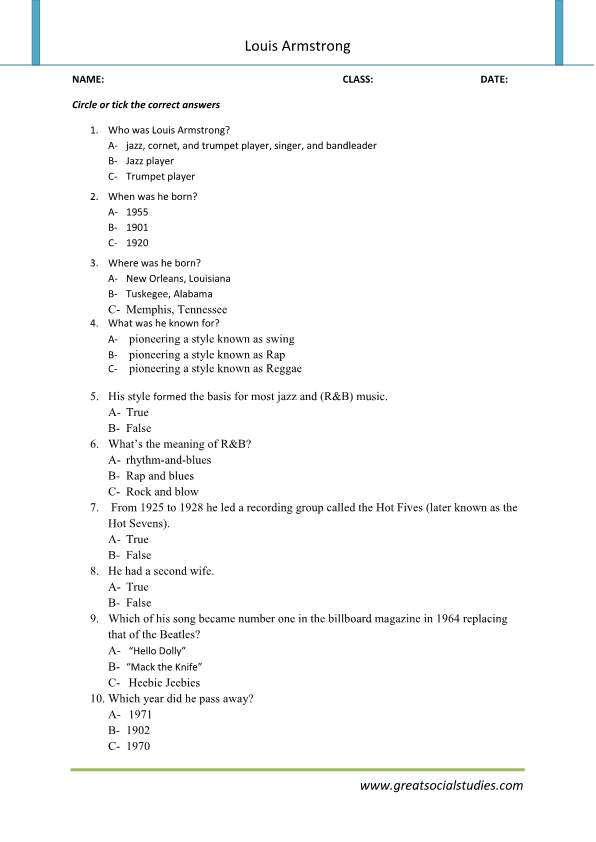 Louis Armstrong quotes, Louis Armstrong biography, super worksheets