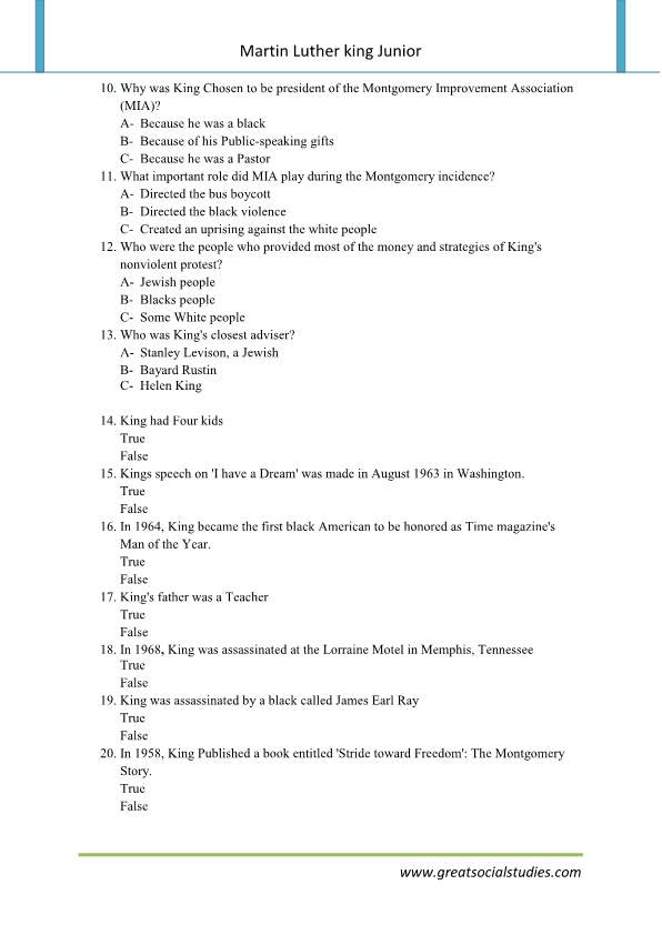 Facts about martin Luther king, super teacher worksheet, martin Luther king jr history