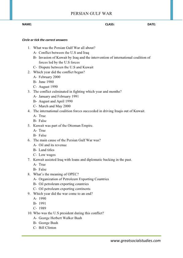 Persian Gulf War definition, Persian Gulf War summary, School worksheets 