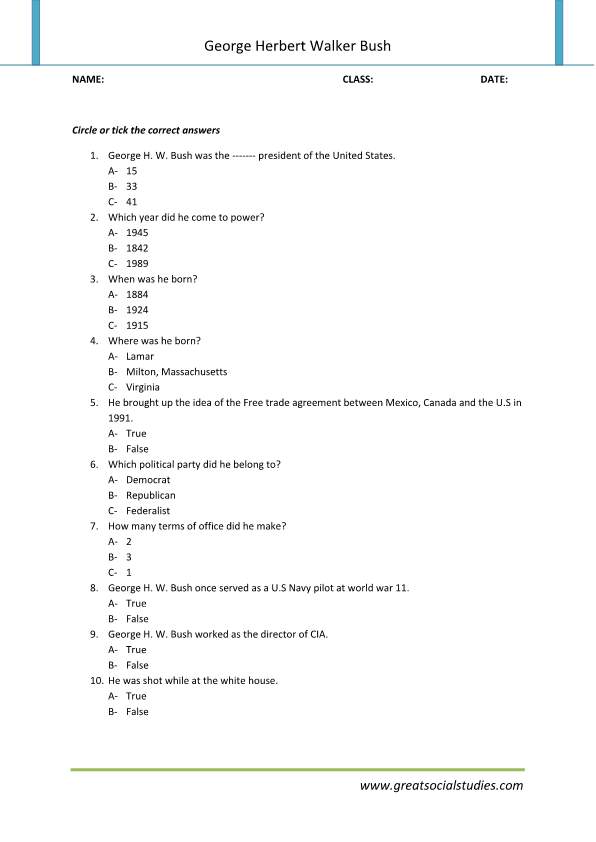 Preschool worksheet, on George Herbert walker bush,George Herbert walker bush,