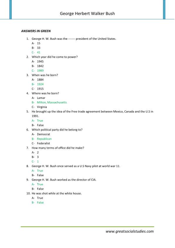 Preschool worksheet, on George Herbert walker bush,George Herbert walker bush,