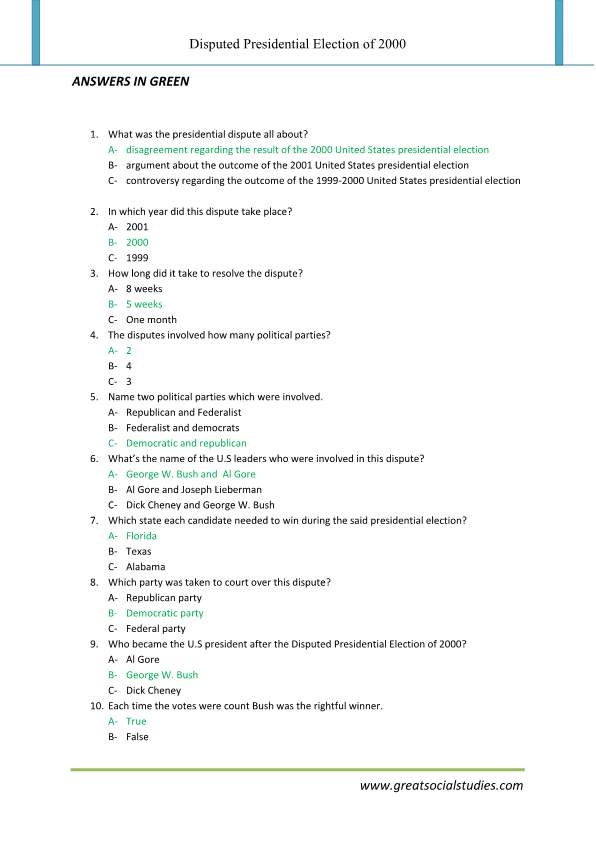 Presidential election US, super worksheets, disputed presidential election of 2000