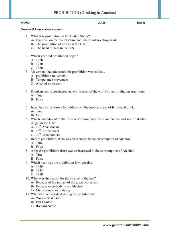 Prohibition of alcohol, drinking in America, student worksheets free