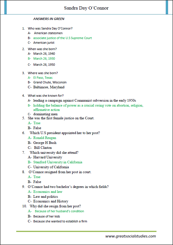 Sandra day o Connor bio, work sheet, woman rights