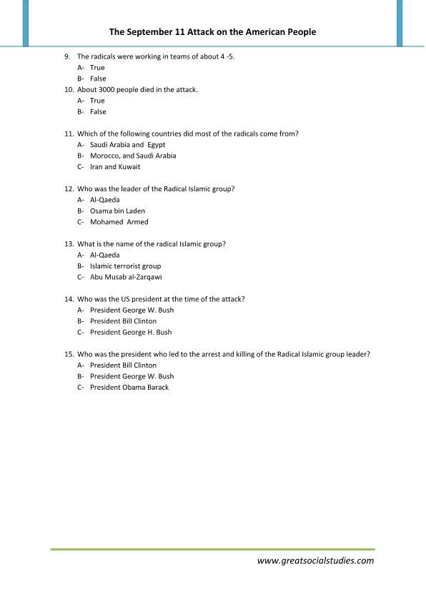 September 11 2001 facts, printable worksheets, what happened on September 11 2001