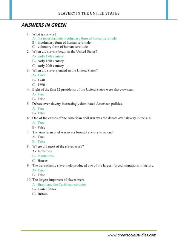 History of slavery in the united states worksheet pdf printable
