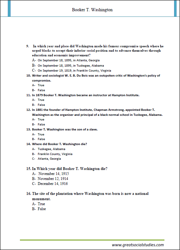 T Washington, Booker TWashington facts,what was booker t Washington famous,teaching worksheets 