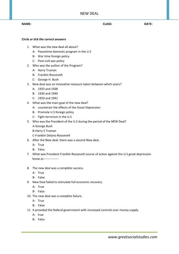 The new deal programs, Roosevelt new deal, work sheet