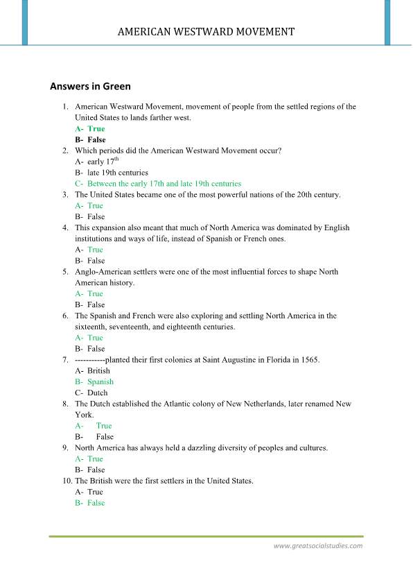 The westward movement in American history, work sheet, summary of westward expansion