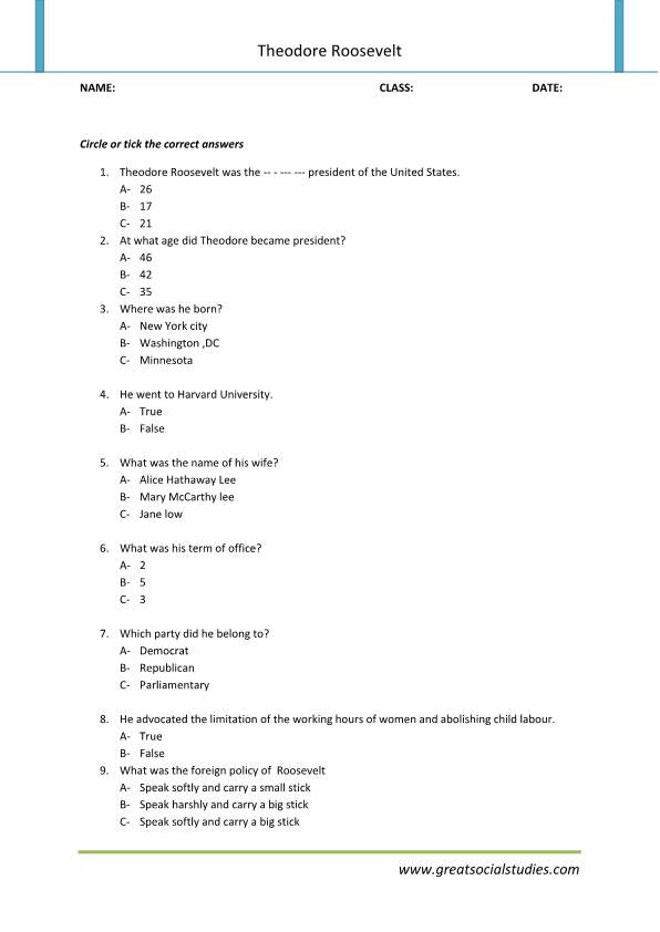 Theodore Roosevelt facts, Theodore Roosevelt biography, student worksheets