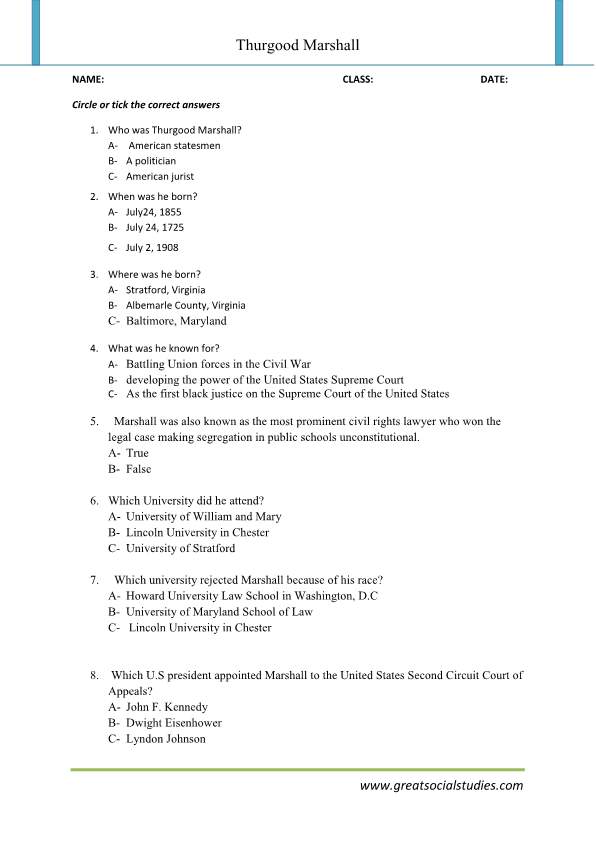 Who was Thurgood Marshall, 3rd grade worksheets