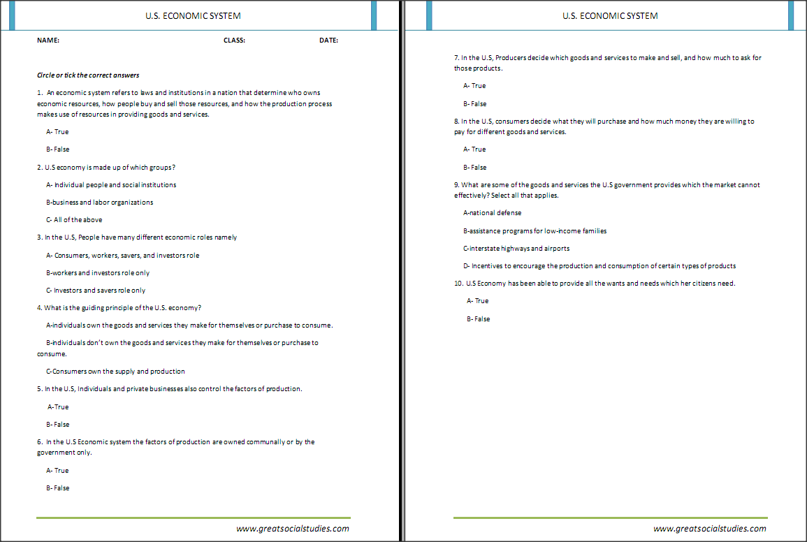 Social studies worksheets on US Economic growth system