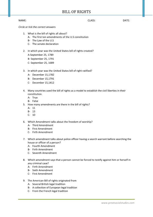 United States bill of rights, American history worksheets, bill of rights summary