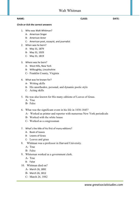 Walt Whitman biography, Walt Whitman poem, Work sheet