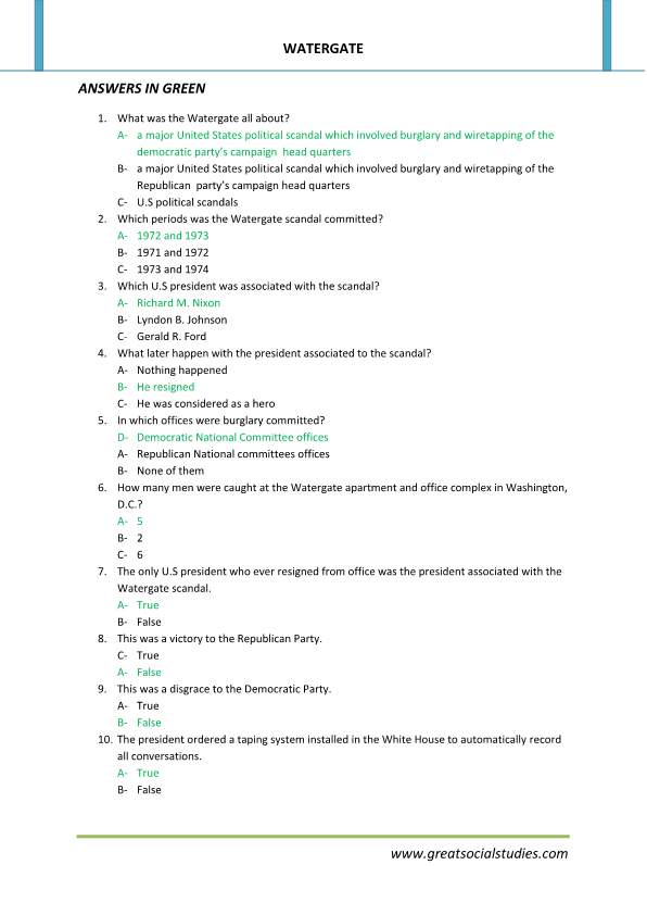 Watergate scandal summary, Watergate affair, student activity worksheets