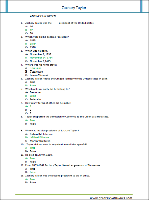 Zachary Taylor facts, Zachary Taylor death, super worksheets